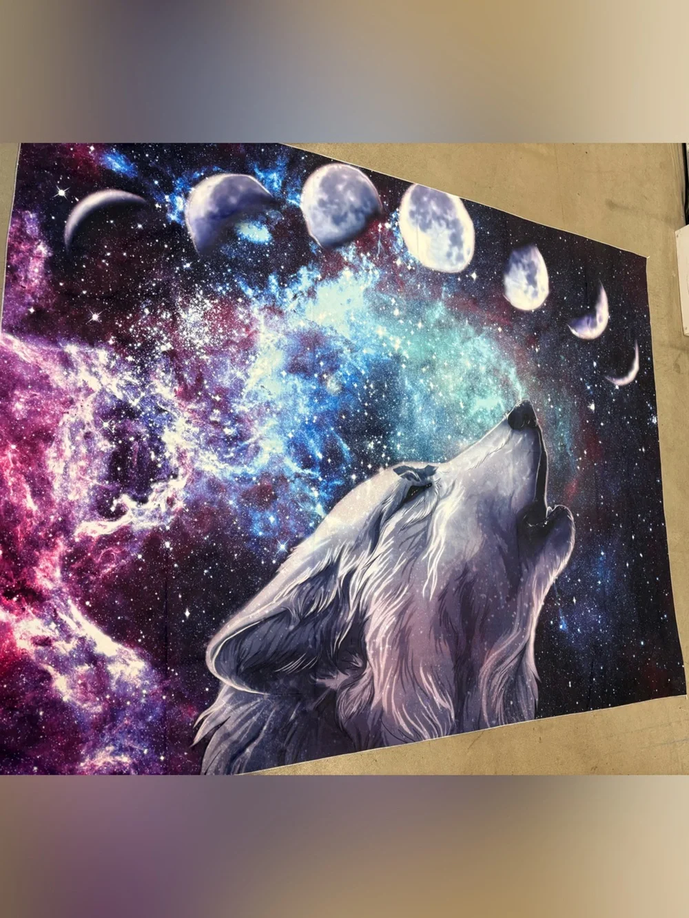 Mystic Wolf Galaxy Moon Cycle Wall Tapestry